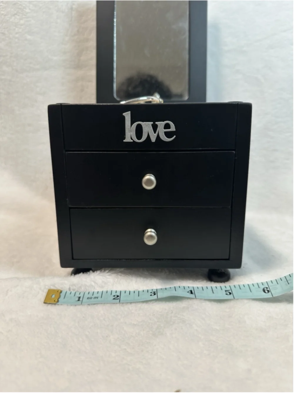 Oh Home Black Wooden Jewelry Box Organizer w/ Mirror, 2 Drawers, Love Theme